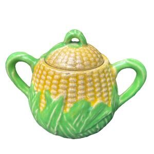 Vintage Japan Corn Sugar Bowl w/ Lid Ceramic Majolica Style Farmhouse